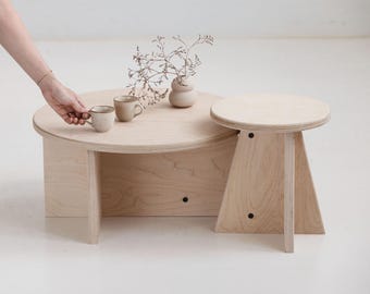 Nesting Coffee Table Set of Two, Round Wooden Tables Ø60 + Ø32 cm, Japandi Mid Century Modern, Handmade Wood Furniture