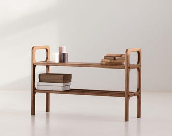 Banco de madera con zapatero: Mueble de madera artesanal, entrada de estilo Mid-Century, decoración del hogar