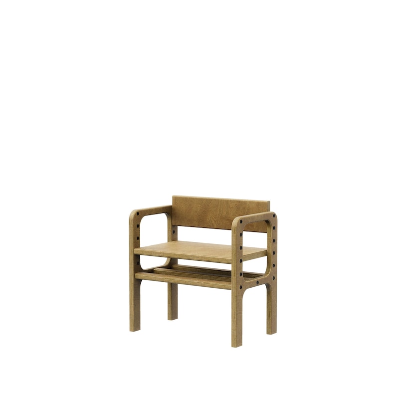May include: A small wooden chair featuring a light brown finish, a flat seat, a rectangular backrest, and armrests with visible dark circular hardware. The structure includes four legs and a lower horizontal support bar, showcasing a modular design.
