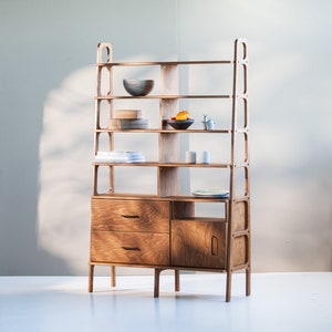 Mid Century Modern Walnut Bookcase: Modular Ladder Shelf Wall Unit