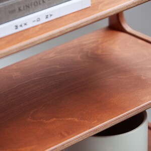 Close-up of a Finnish birch plywood shelf with a soft rounded edge and smooth hand-finished surface, part of the mid century modern bookcase.