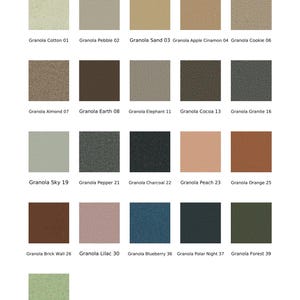 May include: A color chart titled Granola displaying 21 square swatches with textured finishes. The palette includes shades labeled Cotton 01, Pebble 02, Sand 03, Apple Cinamon 04, Cookie 06, Almond 07, Earth 08, Elephant 11, Cocoa 13, Granite 16, Sky 19, Pepper 21, Charcoal 22, Peach 23, Orange 25, Brick Wall 26, Lilac 30, Blueberry 36, Polar Night 37, Forest 39, and Apple 40.