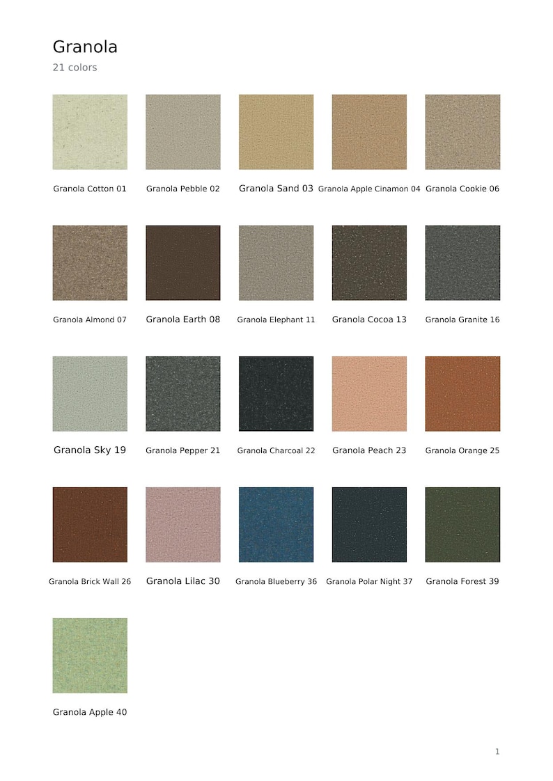 May include: A color chart titled Granola displaying 21 square swatches with textured finishes. The palette includes shades labeled Cotton 01, Pebble 02, Sand 03, Apple Cinamon 04, Cookie 06, Almond 07, Earth 08, Elephant 11, Cocoa 13, Granite 16, Sky 19, Pepper 21, Charcoal 22, Peach 23, Orange 25, Brick Wall 26, Lilac 30, Blueberry 36, Polar Night 37, Forest 39, and Apple 40.