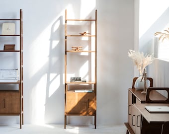 Wooden walnut bookcase with cabinet, Bookcase ladder, Mid Century Modern Ladder Bookshelf