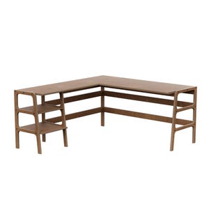 L-Shape Desk with Shelves, Corner Desk with Storage, Mid-Century Modern Office Desk, Deep 65cm Wings
