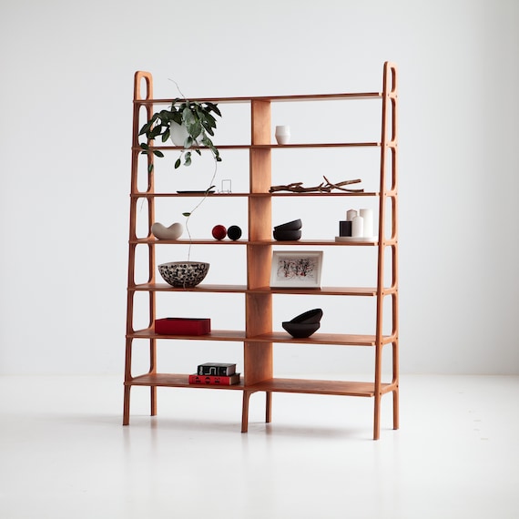 Wide Mid Century Modern Bookcase, Custom Walnut bookcase, Ladder bookshelf, Modular storage, Handmade furniture, Shelving unit