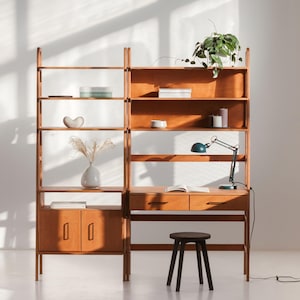 Home Office Wall Unit Set, Bookcase Desk 85 cm with Drawers & Tall Cabinet Bookcase 74 cm, Mid Century Modern, Handmade