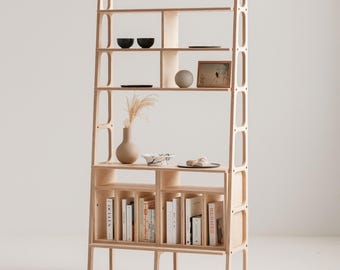 Japandi Wood Bookshelf – Large Record Storage Shelf – Storage cabinet