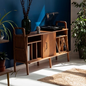 Record player stand, vinyl record storage, Media console, TV stand, Scandinavian furniture, Vinyl storage, Wide storage, home storage