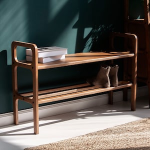 Mid-century entryway bench, Shoe storage, Teak entryway shoe bench, Narrow bench, Small bench, Scandinavian bench image 1