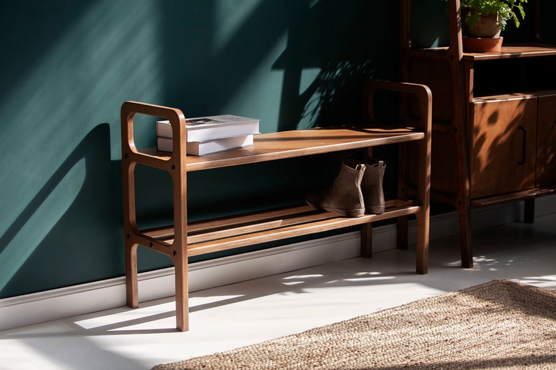 Mid-century entryway bench, Shoe storage, Teak entryway shoe bench, Narrow bench, Small bench, Scandinavian bench image 1