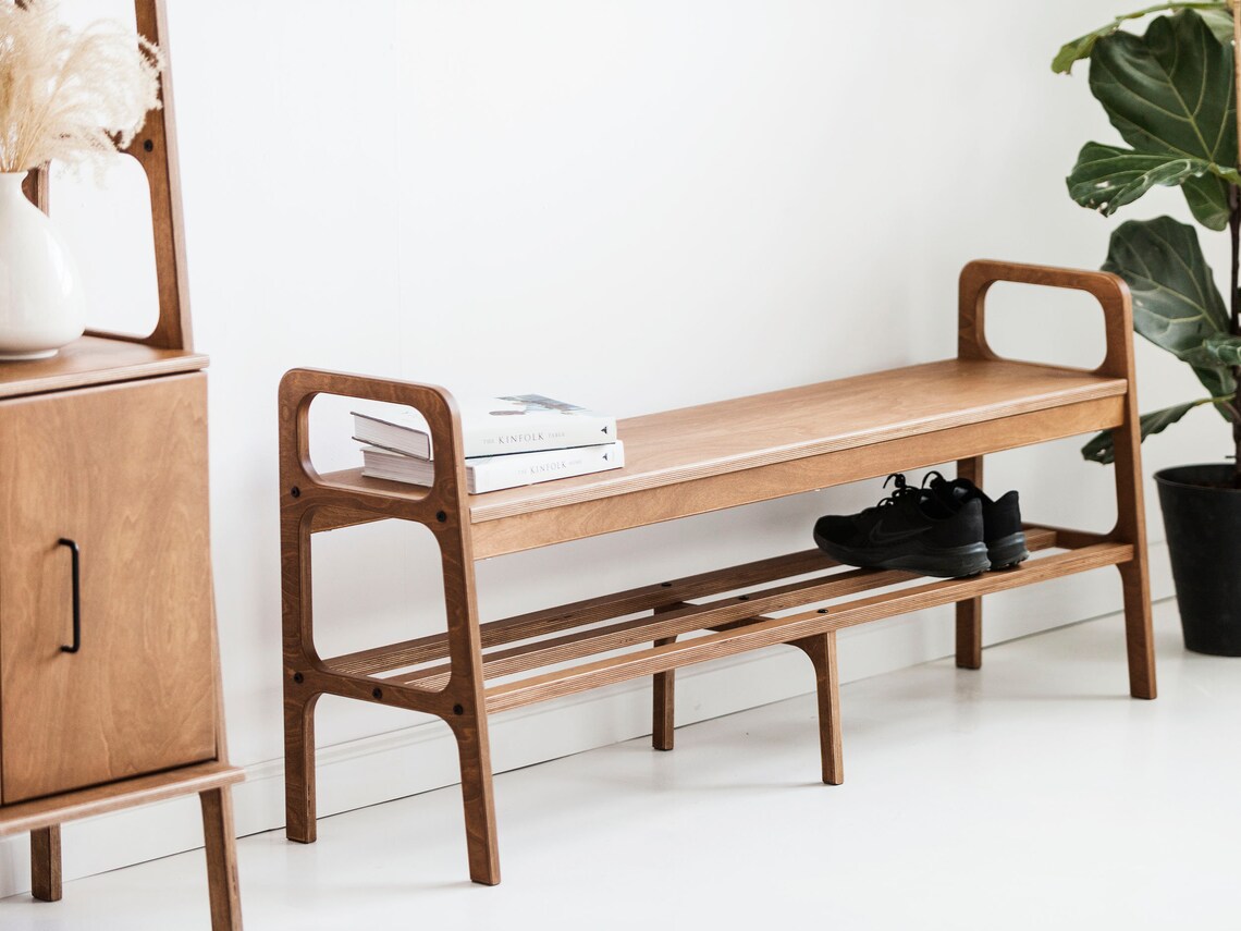 Shoe Storage Home Decor Wood Bench Shoe Bench Mid Century Etsy