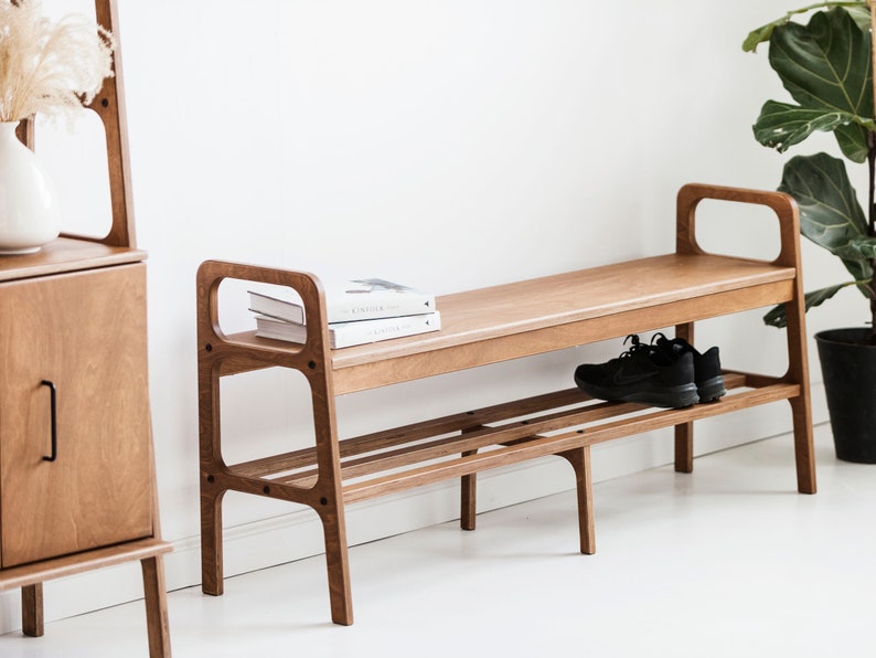 Entryway Bench Mid Century Shoe Storage Wood Bench Shoe Etsy