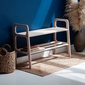 Banc en bois de rangement, banc moderne du milieu du siècle, banc dentrée du milieu du siècle, banc de couloir scandinave, banc scandinave en contreplaqué image 1