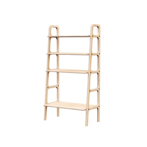 May include: A light wood bookshelf with four shelves and a simple design. The bookshelf has a rectangular shape and is made of natural wood.