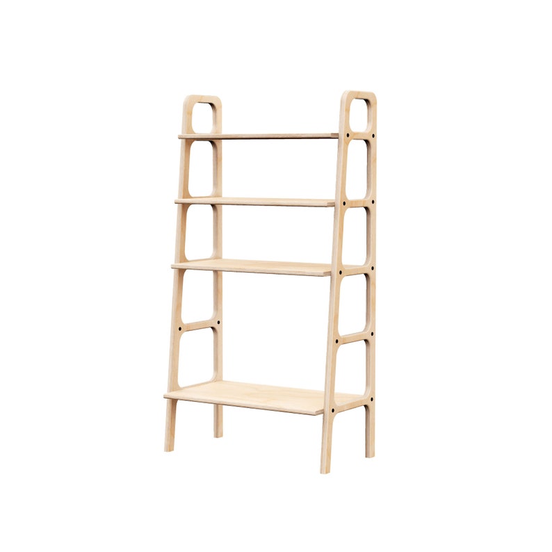 May include: A light wood bookshelf with four shelves and a simple design. The bookshelf has a rectangular shape and is made of natural wood.