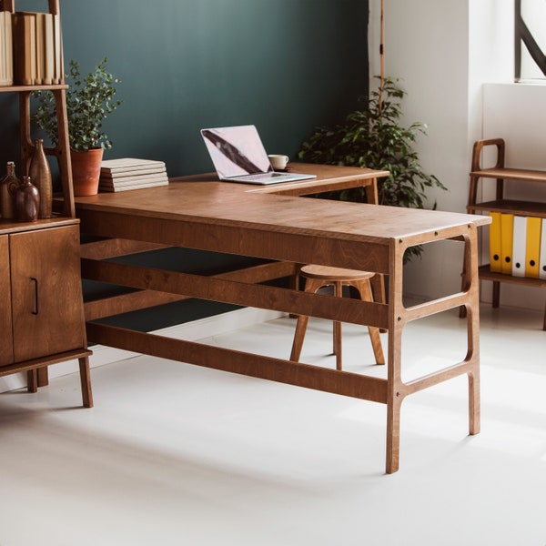 Bureau de studio de musique, bureau en forme de L, bureau sur mesure, bureau moderne du milieu du siècle, bureau en forme de L, bureau en noyer, grand bureau, console, bureau d'ordinateur