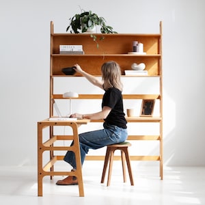 Mid-Century Wooden Desk with Bookshelf – Minimalist Workspace, Wooden Writing Desk, Handmade Home Office Furniture
