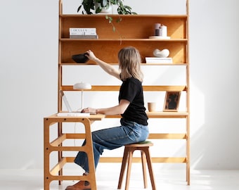 Mid-Century Modern Wooden Desk with Bookshelf - Handmade Home Office