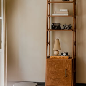 Mid Century Bookcase with Cabinet, Wooden bookcase, Vintage Ladder Bookshelf, Scandinavian Bookshelf, Japandi bookcase image 2