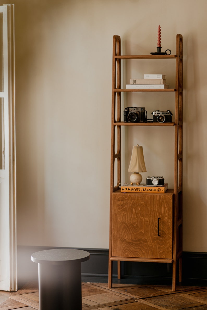 Mid Century Bookcase with Cabinet, Wooden bookcase, Vintage Ladder Bookshelf, Scandinavian Bookshelf, Japandi bookcase image 2