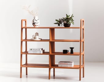 Bookshelf 114 cm Tall, Wide Mid Century Modern Bookcase 97-189 cm, Wooden Shelving Unit, 4 Shelf Levels, Custom Size