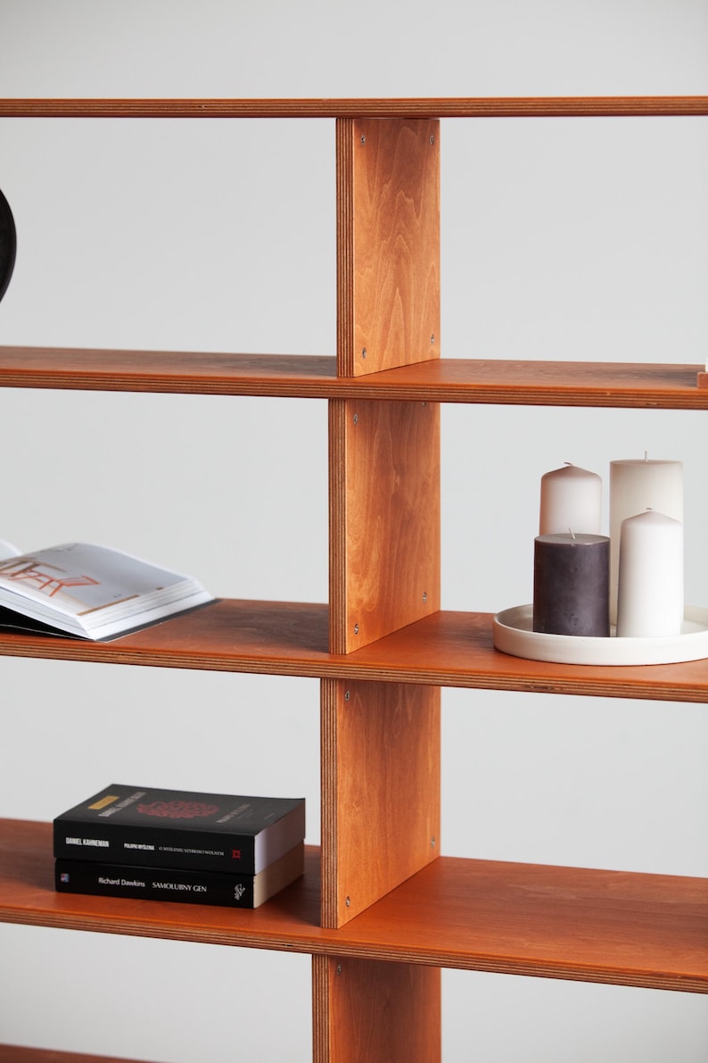 Wide modular wooden bookcase filled with books, bowls, framed art and a plant, used as a living room shelving unit in mid century modern style.