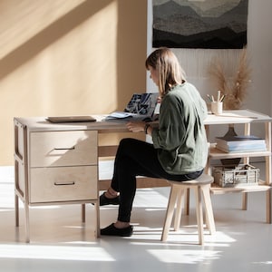 Mid century modern desk, Custom desk, Large desk, Computer desk, Desk with drawers and shelves, Minimalist desk for computer