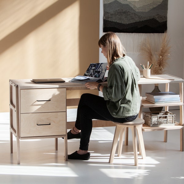 Mid century modern desk, Custom desk, Large desk, Computer desk, Desk with drawers and shelves, Minimalist desk for computer