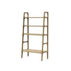 May include: A wooden bookshelf with four shelves and rounded edges. The bookshelf is made of light brown wood and has a modern design.