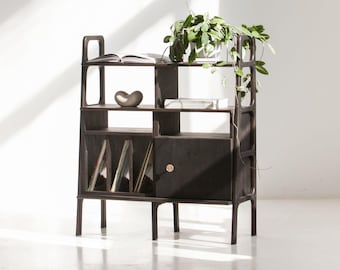 Compact Vinyl Console 97 cm with Open Bay, Mid Century Record Storage Unit 114 cm Tall, Wooden, Custom Size