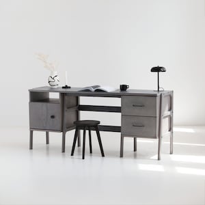 Long desk with drawers and cabinet, Minimalist Desk for Computer, Mid century modern Desk for Office, Wooden desk