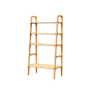 May include: A light wood bookshelf with four shelves and a simple design. The bookshelf has a rectangular shape and is made of natural wood.