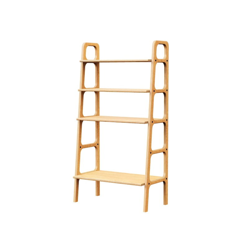 May include: A light wood bookshelf with four shelves and a simple design. The bookshelf has a rectangular shape and is made of natural wood.