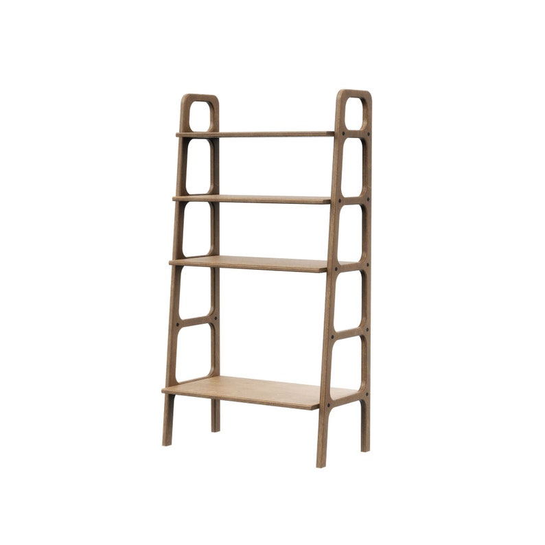 May include: A brown wooden bookshelf with four shelves and rounded edges. The bookshelf has a modern design and is made of plywood.