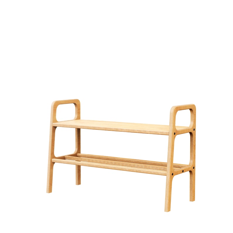 May include: A light-coloured wooden shoe rack with two shelves. The top shelf is a flat surface, and the bottom shelf has two horizontal bars. The rack has a rectangular frame with rounded handles on each side.