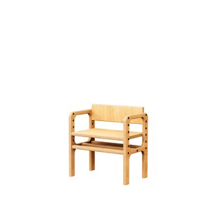 May include: A light-colored wooden chair featuring a flat seat, a rectangular backrest, and two side armrests. The armrests are constructed with vertical supports containing three circular black hardware accents on each side, creating a structured frame.