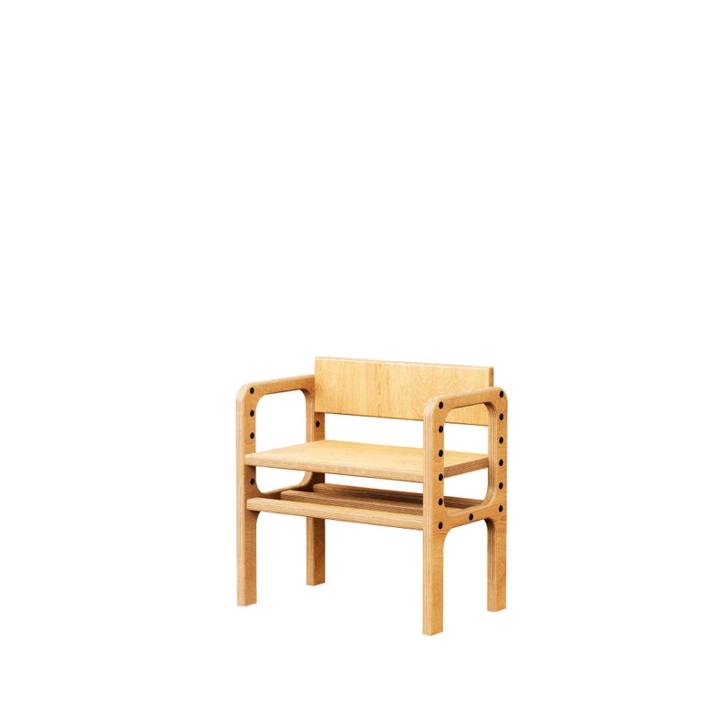 May include: A light-colored wooden chair featuring a flat seat, a rectangular backrest, and two side armrests. The armrests are constructed with vertical supports containing three circular black hardware accents on each side, creating a structured frame.