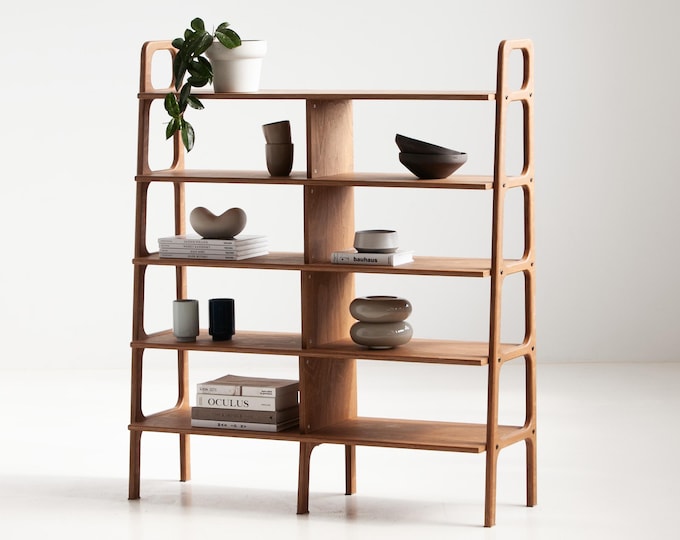 Wooden Bookshelf: Customizable Mid-Century Modern Bookcase, Storage cabinet