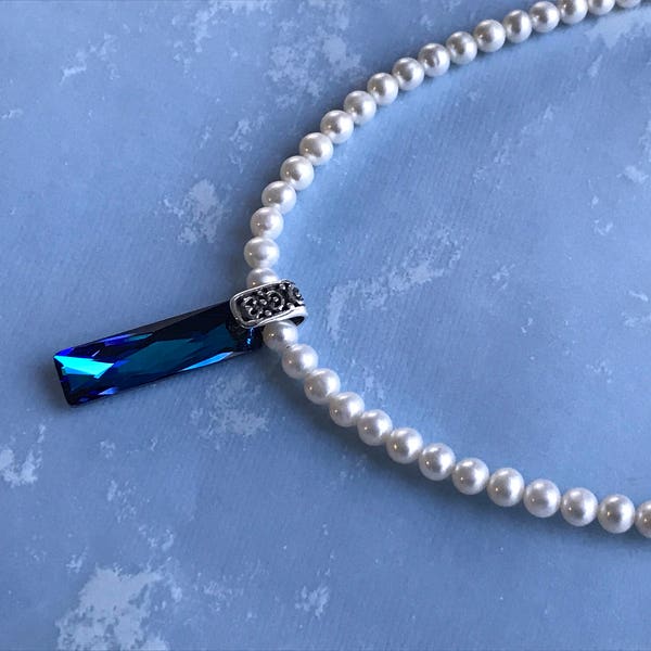 Swarovski  Crystal Bermuda Blue Queen Baguette and Fresh Water Pearl Pendant Necklace