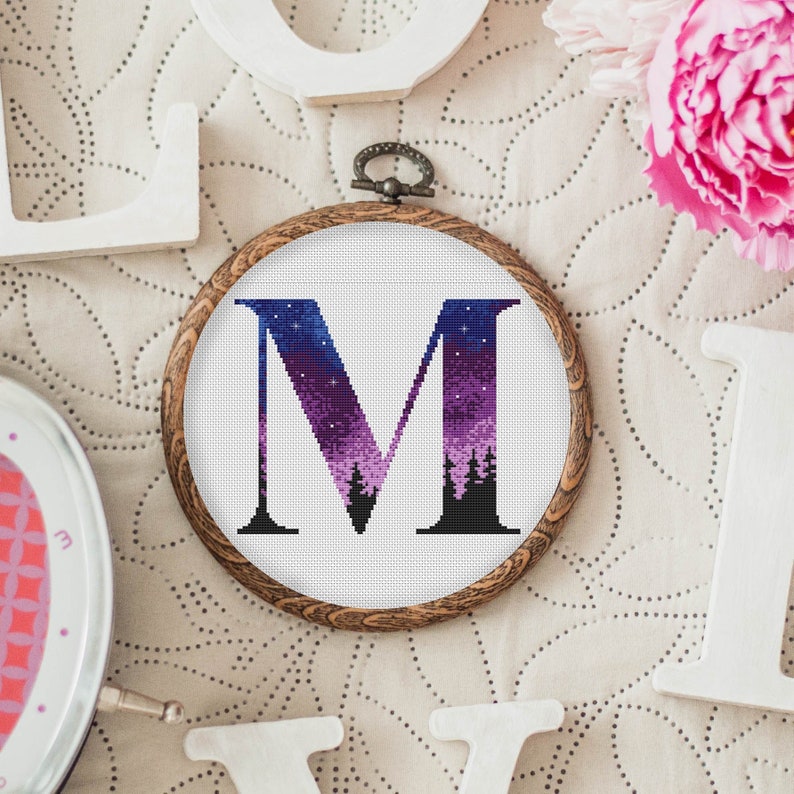 Cross Stitch Pattern Monogram Northern Lights Letter M Customizable Night Sky Cross Stitch Design Nature Embroidery Family Name PDF M-M-001