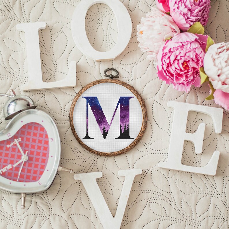 Cross Stitch Pattern Monogram Northern Lights Letter M Customizable Night Sky Cross Stitch Design Nature Embroidery Family Name PDF M-M-001