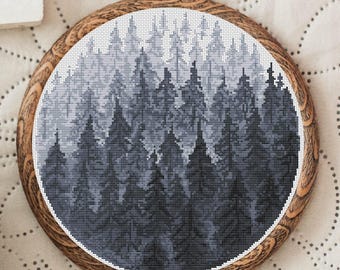 Cross Stitch Pattern Forest, Nordic Cross Stitch Patterns Modern Scandinavian Forest Cross Stitch Design Nature Embroidery Spruce Forest PDF