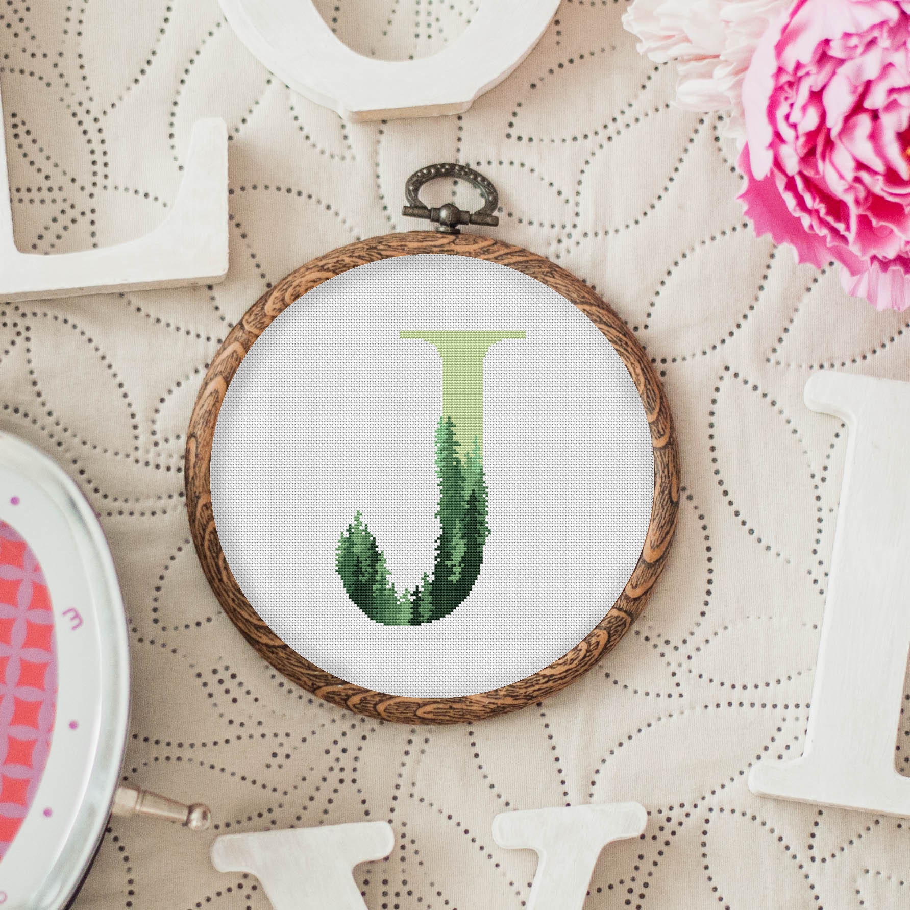 Cross Stitch Pattern Monogram Letter J Customizable Green Etsy