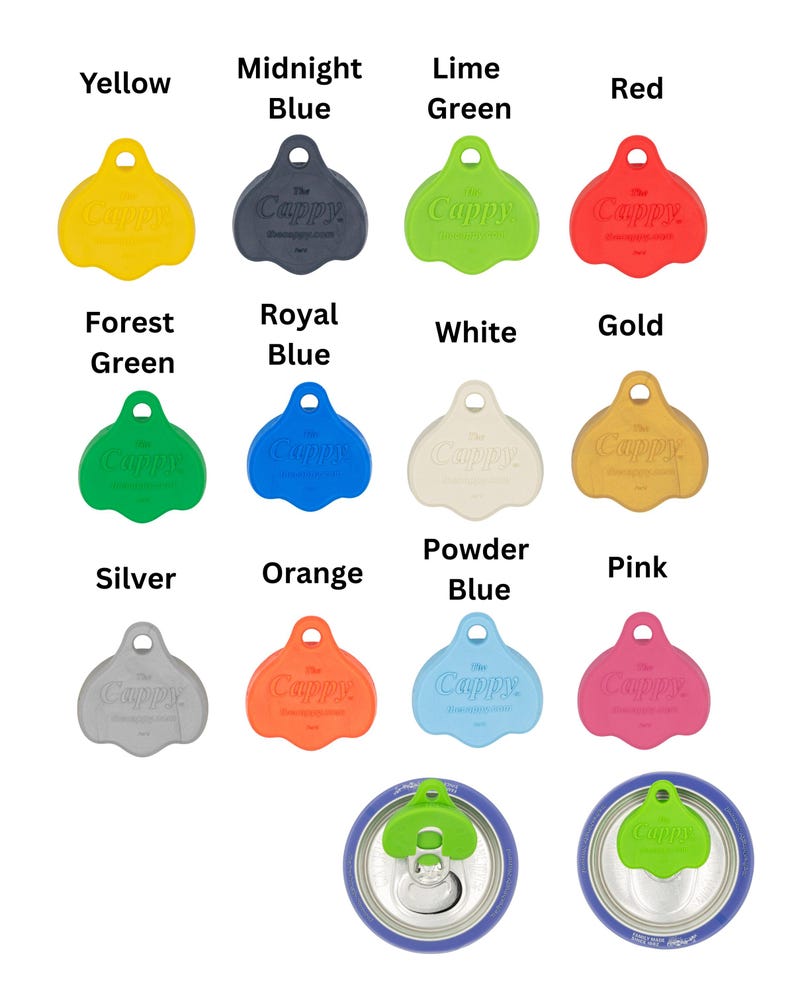 K&ouml;nnte beinhalten: Eine Auswahl an farbenfrohen, wiederverwendbaren Dosenverschl&uuml;ssen in Gelb, Mitternachtsblau, Limettengr&uuml;n, Rot, Waldgr&uuml;n, K&ouml;nigsblau, Wei&szlig;, Gold, Silber, Orange, Puderblau und Pink. Auf jedem Verschluss steht das Wort "Cappy".