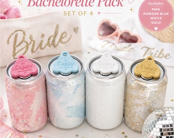 Bachelorette Party Can Covers – Bridal Party Drink Protectors, Pink Blue White Gold Set of 4