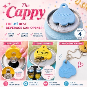K&ouml;nnte beinhalten: Der Cappy, ein Getr&auml;nke-Dosen&ouml;ffner, wird in Blau und Gelb gezeigt. Der &Ouml;ffner &ouml;ffnet Dosen, deckt Getr&auml;nke ab und l&auml;sst sich an Schl&uuml;sseln befestigen. Das Bild enth&auml;lt den Text "The Cappy" und "The #1 Best Beverage Can Opener!". Das Produkt ist wiederverwendbar, BPA-frei und passt auf Standarddosen.