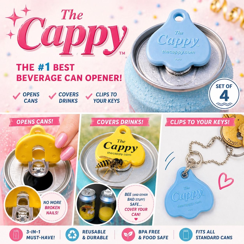 K&ouml;nnte beinhalten: Der Cappy, ein Getr&auml;nke-Dosen&ouml;ffner, wird in Blau und Gelb gezeigt. Der &Ouml;ffner &ouml;ffnet Dosen, deckt Getr&auml;nke ab und l&auml;sst sich an Schl&uuml;sseln befestigen. Das Bild enth&auml;lt den Text "The Cappy" und "The #1 Best Beverage Can Opener!". Das Produkt ist wiederverwendbar, BPA-frei und passt auf Standarddosen.