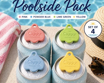 Pool Party Can Covers – Summer Drink Protectors, Pink Blue Green Yellow Can Lid Set of 4