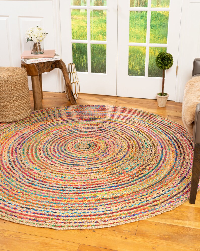 Round HandWoven Boho Jute Chindi Rug for Home Office Rialto Etsy
